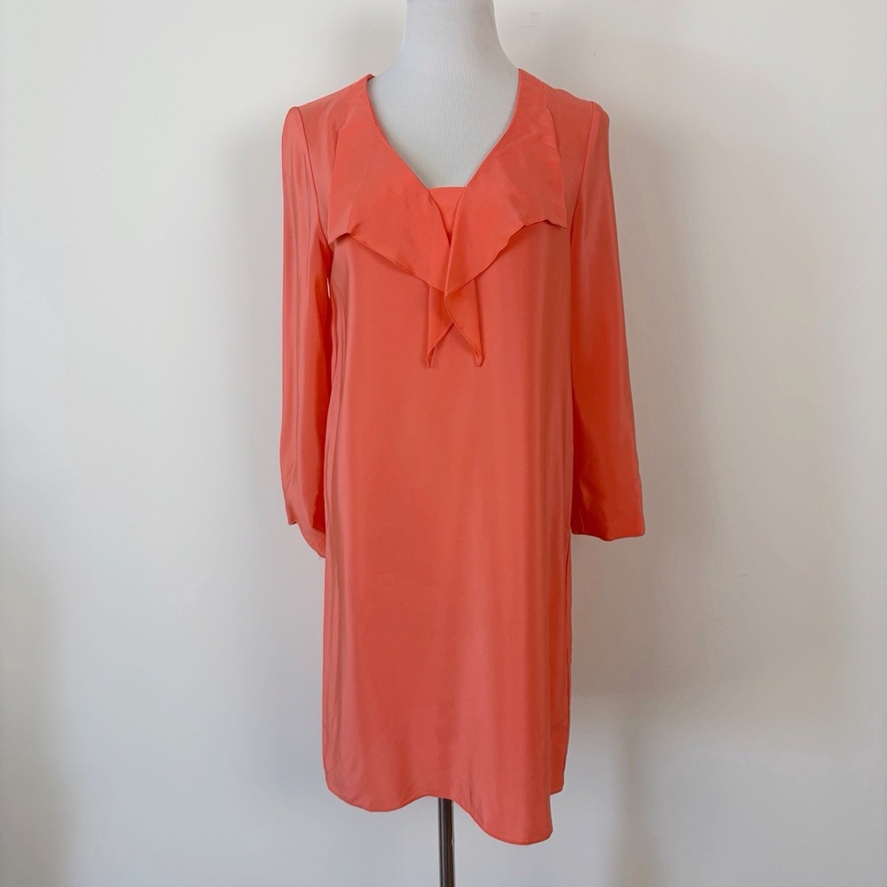 AMANDA UPRICHARD 100% Silk Dress Medium Coquette Babydoll Orange Ruffle V-neck